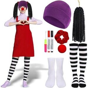 Ragdoll Clown Costume Accessory Set Purple Beanie Striped Socks Red Nose Hair
